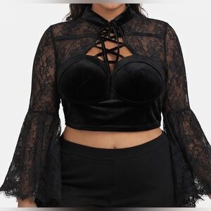 SHEIN Curve Black Lace Corset Crop Top 3XL Bell Sleeves Goth Y2K